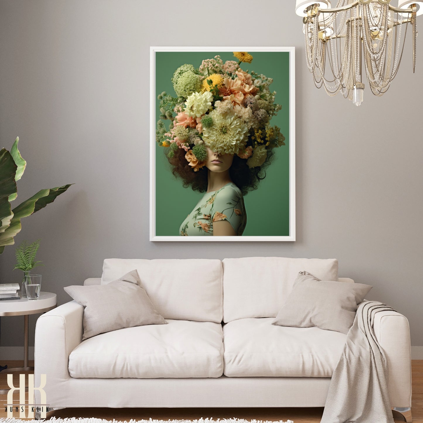 Woman Flower Bouquet Head Feminine Wall Art - Green 3