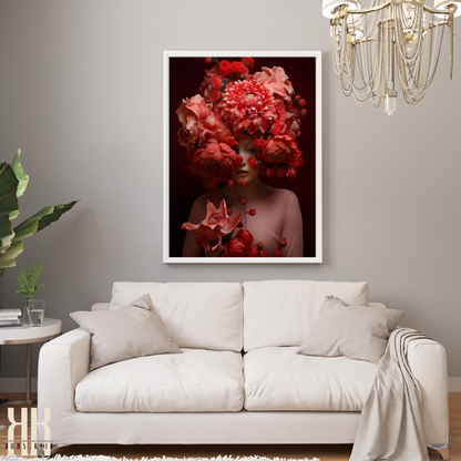 Woman Flower Bouquet Head Feminine Wall Art - Red 5