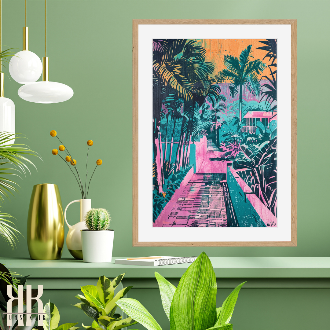 Tropical Getaway Art Print – Palm-Lined Streets & Sunset Colours