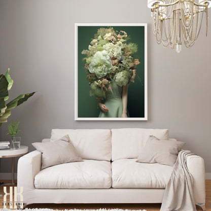 Woman Flower Bouquet Head Feminine Wall Art - Green 6