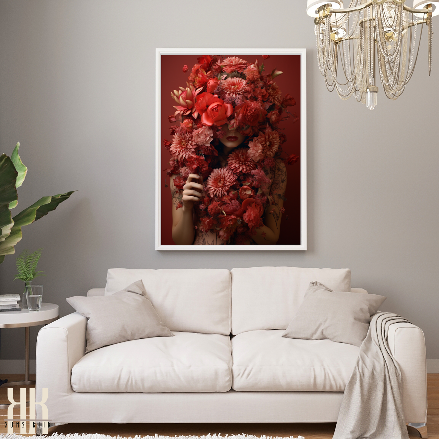 Woman Flower Bouquet Head Feminine Wall Art - Red 12