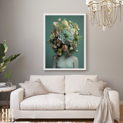 Woman Flower Bouquet Head Feminine Wall Art - Turquoise 12