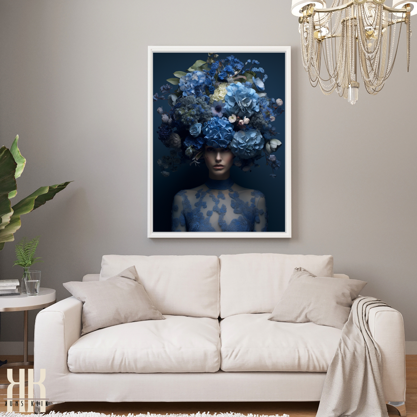 Woman Flower Bouquet Head Feminine Wall Art - Blue 5