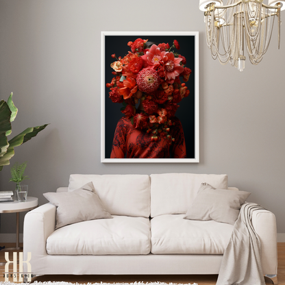 Woman Flower Bouquet Head Feminine Wall Art - Red 11