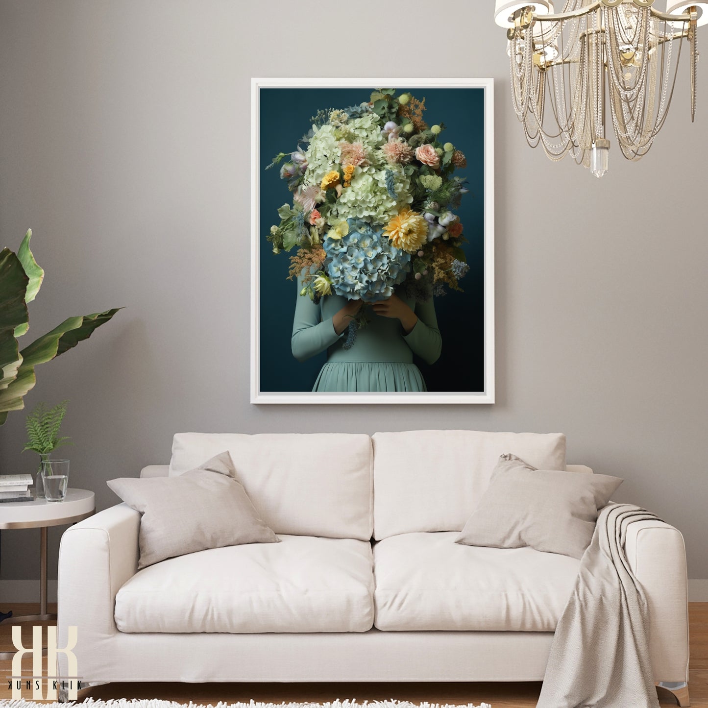 Woman Flower Bouquet Head Feminine Wall Art - Turquoise 1