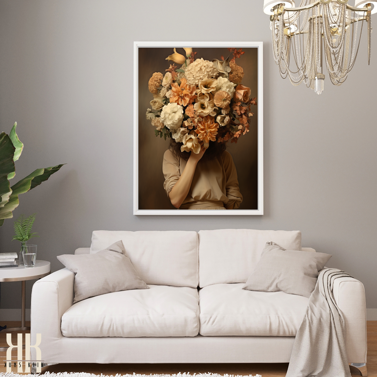 Woman Flower Bouquet Head Feminine Wall Art - Beige 2