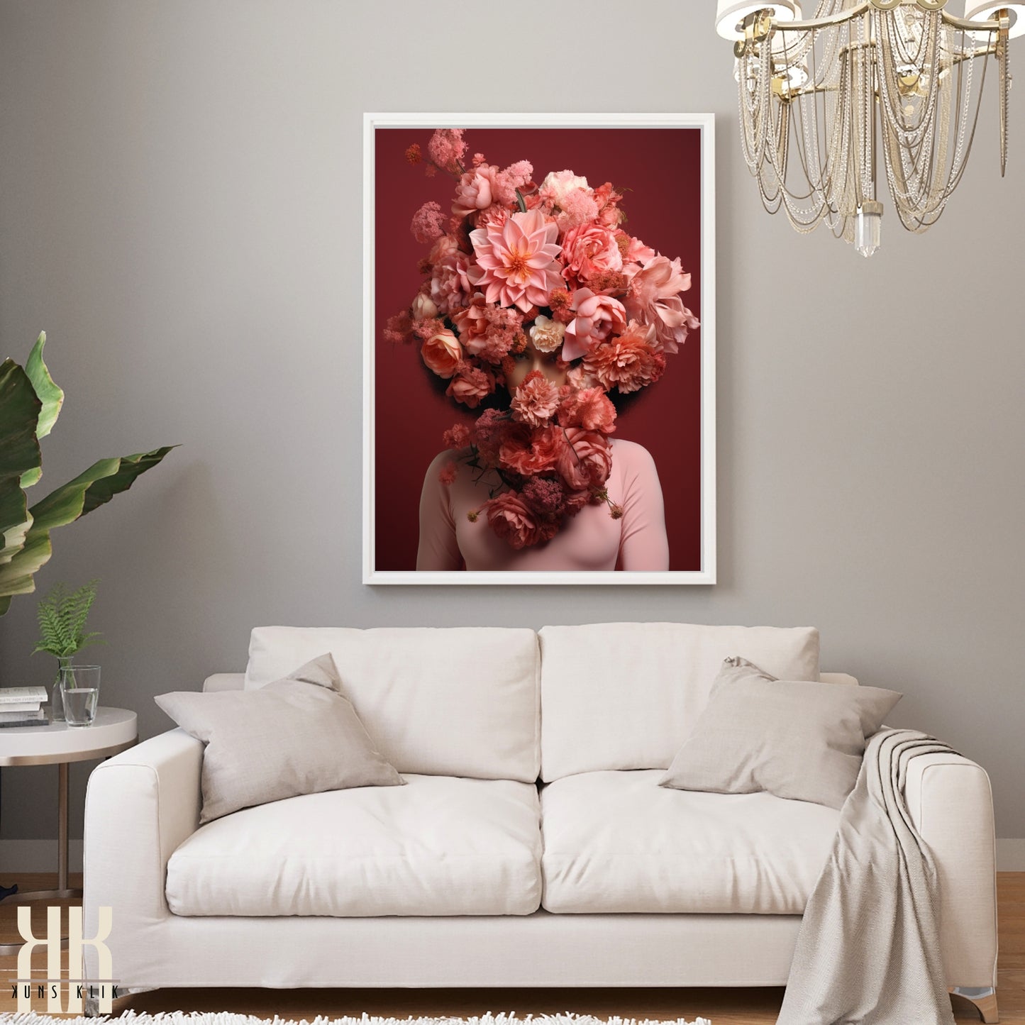 Woman Flower Bouquet Head Feminine Wall Art - Pink 8