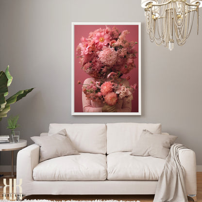 Woman Flower Bouquet Head Feminine Wall Art - Pink 6