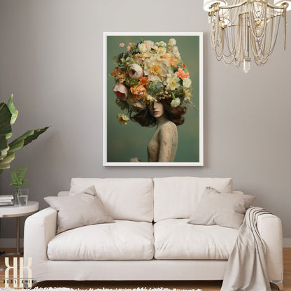 Woman Flower Bouquet Head Feminine Wall Art - Green 10