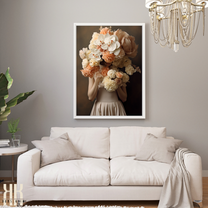 Woman Flower Bouquet Head Feminine Wall Art - Beige 10