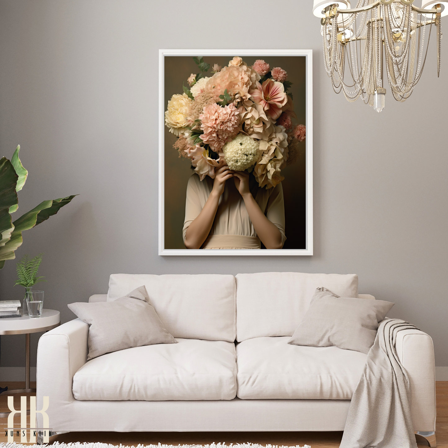 Woman Flower Bouquet Head Feminine Wall Art - Beige 6