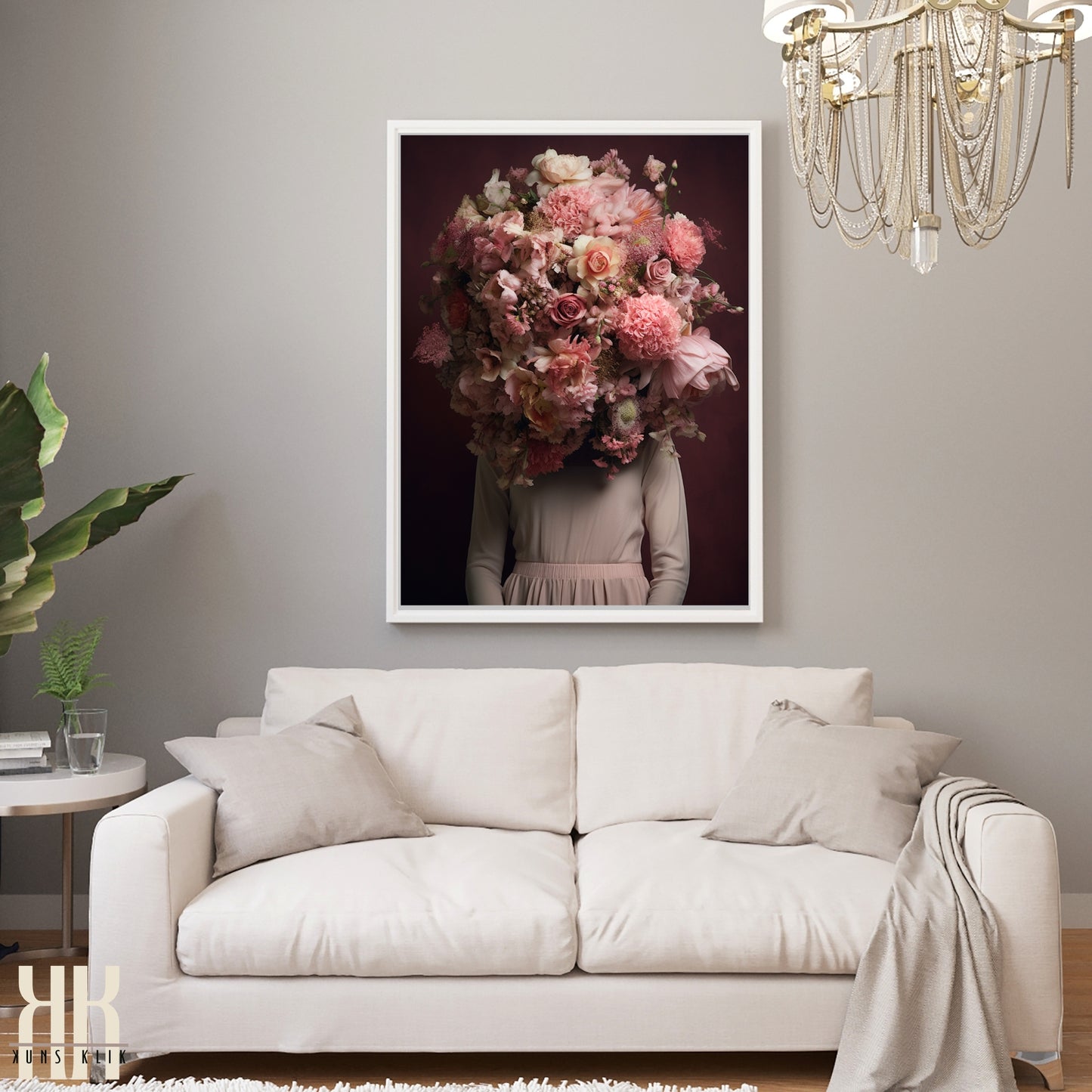 Woman Flower Bouquet Head Feminine Wall Art - Pink 4