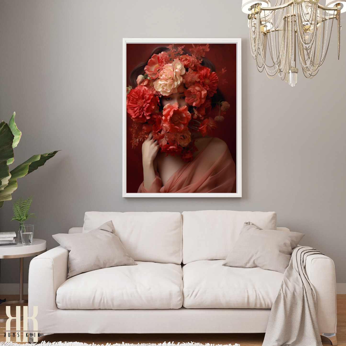 Woman Flower Bouquet Head Feminine Wall Art - Red 7