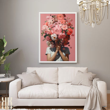 Woman Flower Bouquet Head Feminine Wall Art - Pink 12