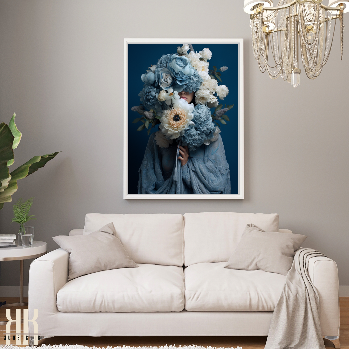 Woman Flower Bouquet Head Feminine Wall Art - Blue 2