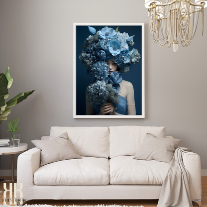 Woman Flower Bouquet Head Feminine Wall Art - Blue 9