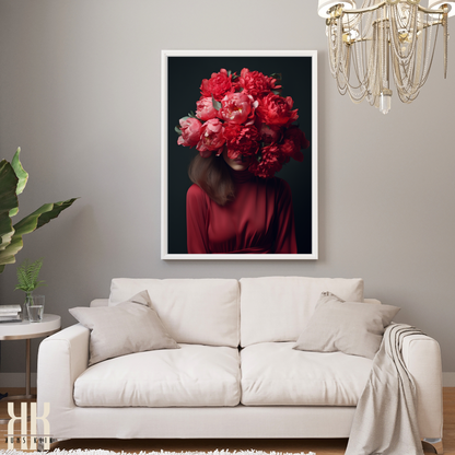 Woman Flower Bouquet Head Feminine Wall Art - Red 1