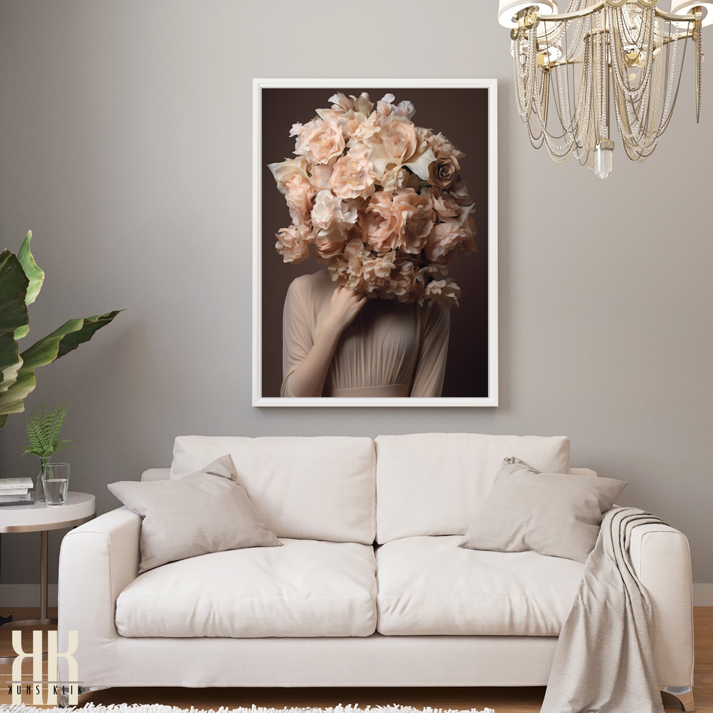 Woman Flower Bouquet Head Feminine Wall Art - Beige 12