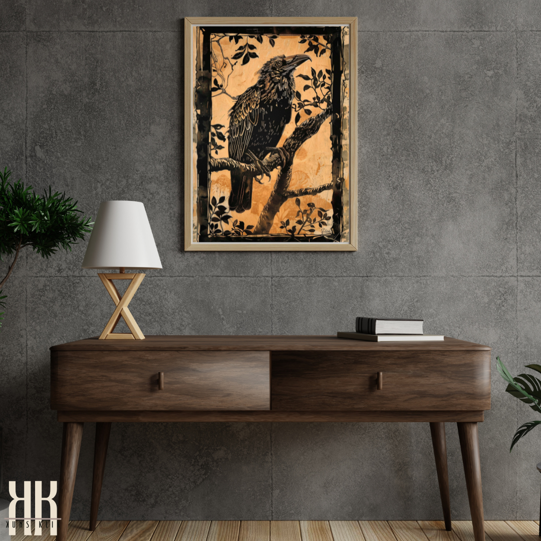 Bold Raven on Branch in Antique Woodcut Style