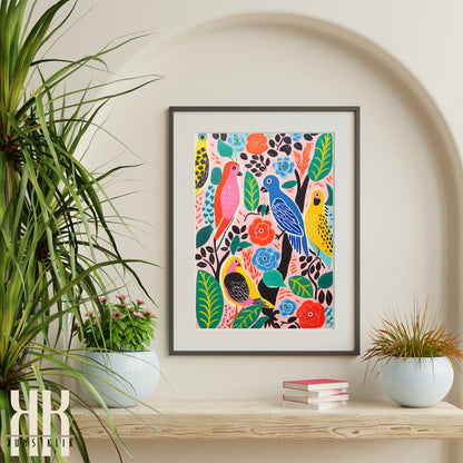 Bright Bold Birds on Botanical Background Art - 2