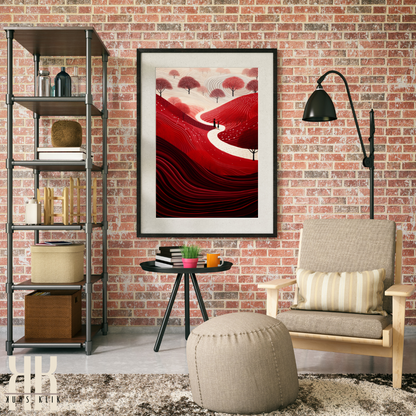 Abstract Red Landscape Print with Silhouetted Figures