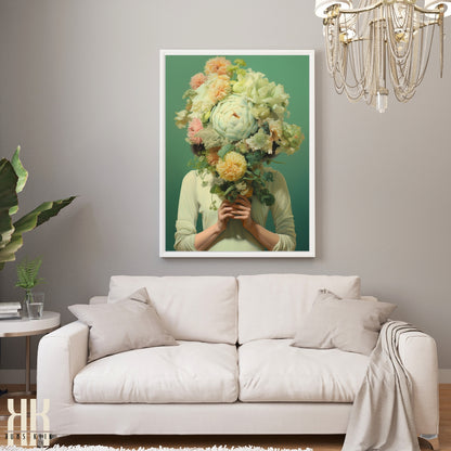 Woman Flower Bouquet Head Feminine Wall Art - Green 2