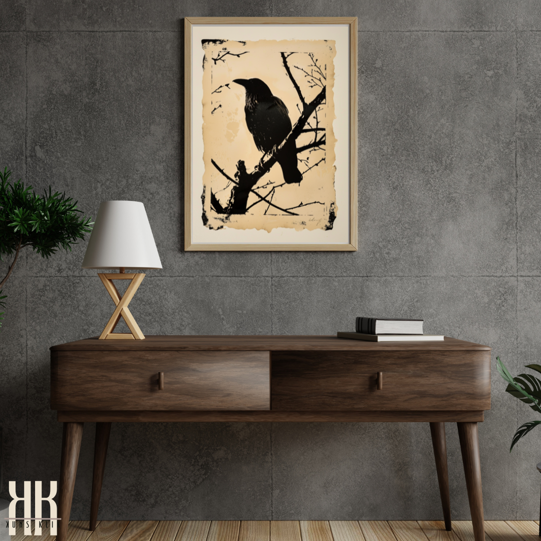 Majestic Crow Illustration in Classic Woodcut Style