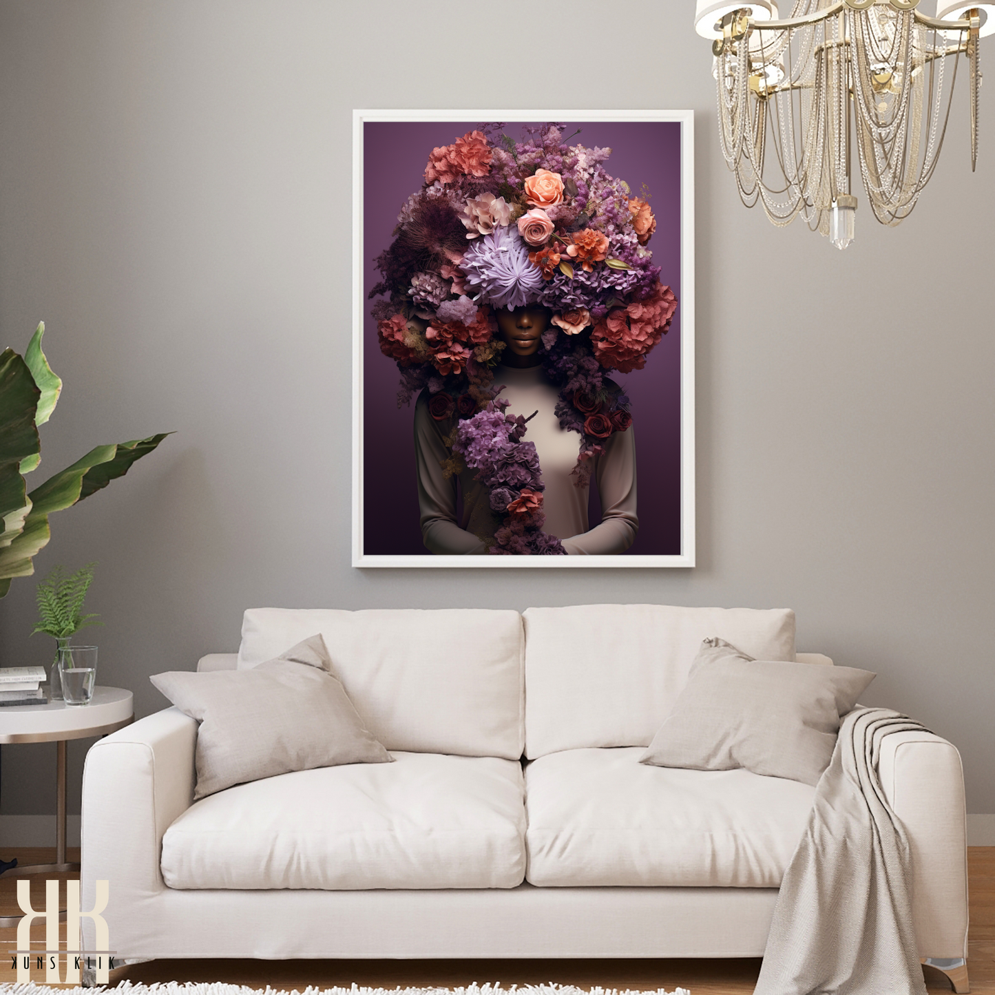 Woman Flower Bouquet Head Feminine Wall Art - Purple 8