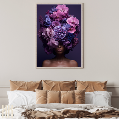 Woman Flower Bouquet Head Feminine Wall Art - Purple 2