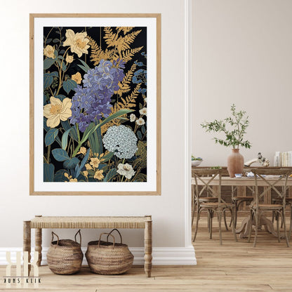 Florals and Blooms on Black Background Print