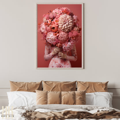 Woman Flower Bouquet Head Feminine Wall Art - Pink 3