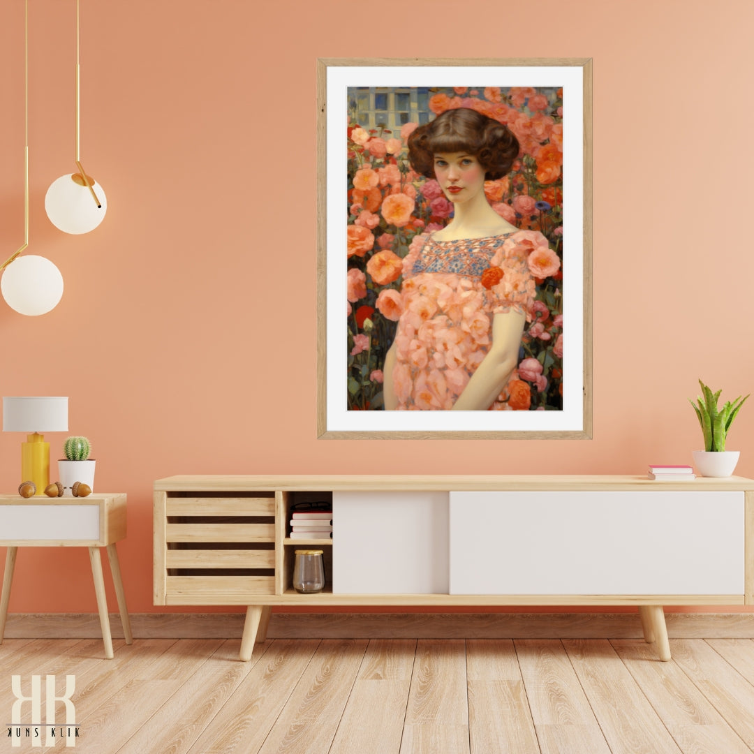 Nature-Inspired Woman in Vibrant Floral Landscape Print