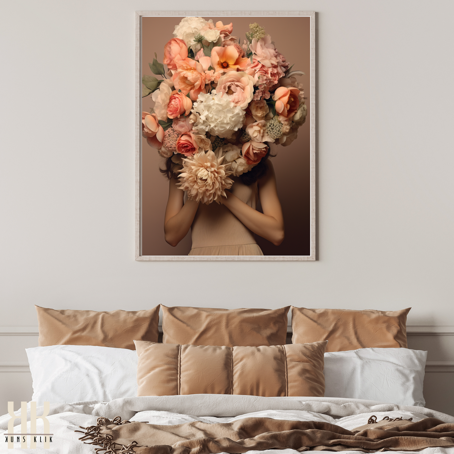 Woman Flower Bouquet Head Feminine Wall Art - Beige 4