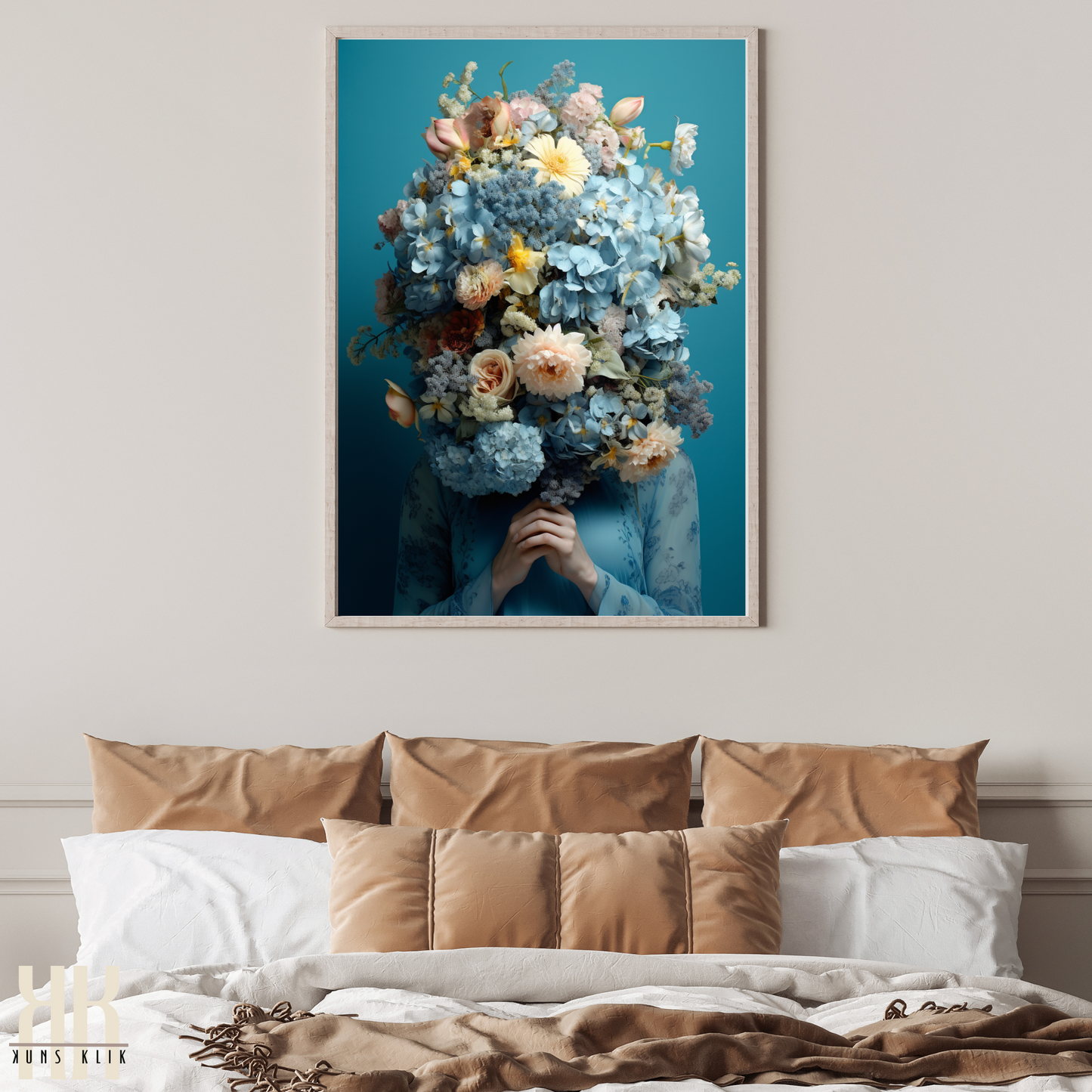 Woman Flower Bouquet Head Feminine Wall Art - Blue 7