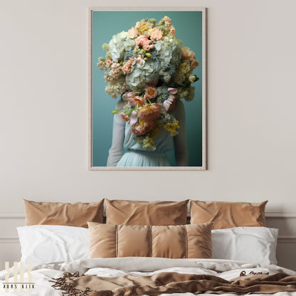 Woman Flower Bouquet Head Feminine Wall Art - Turquoise 3