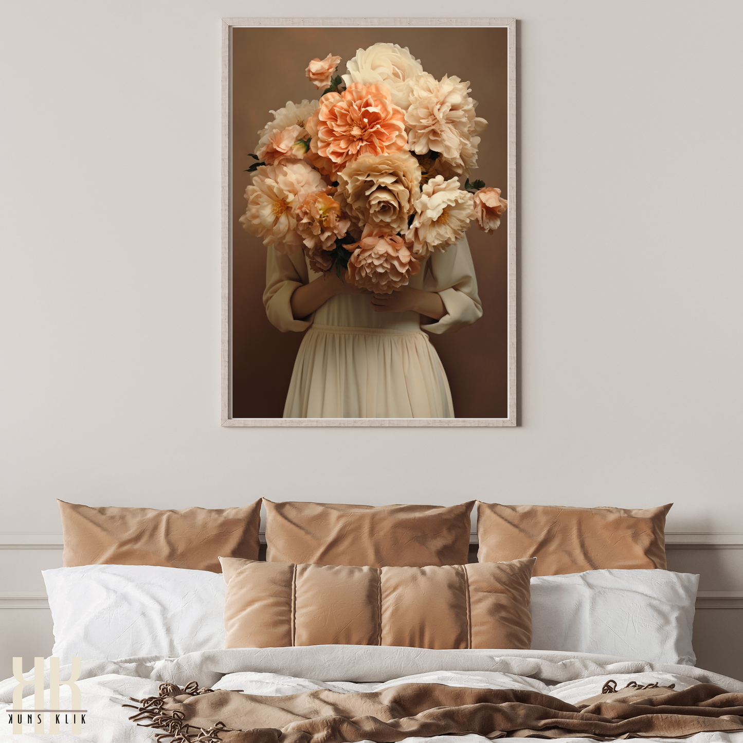 Woman Flower Bouquet Head Feminine Wall Art - Beige 9