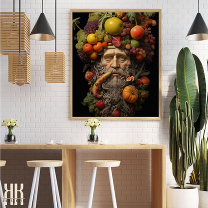 Autumn Harvest Man with Fruits and Leaves Art