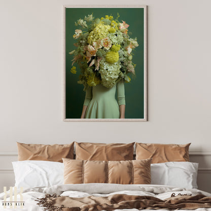 Woman Flower Bouquet Head Feminine Wall Art - Green 1