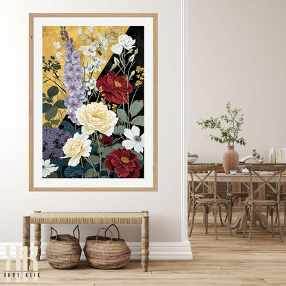 Florals on Gold and Black Background Print