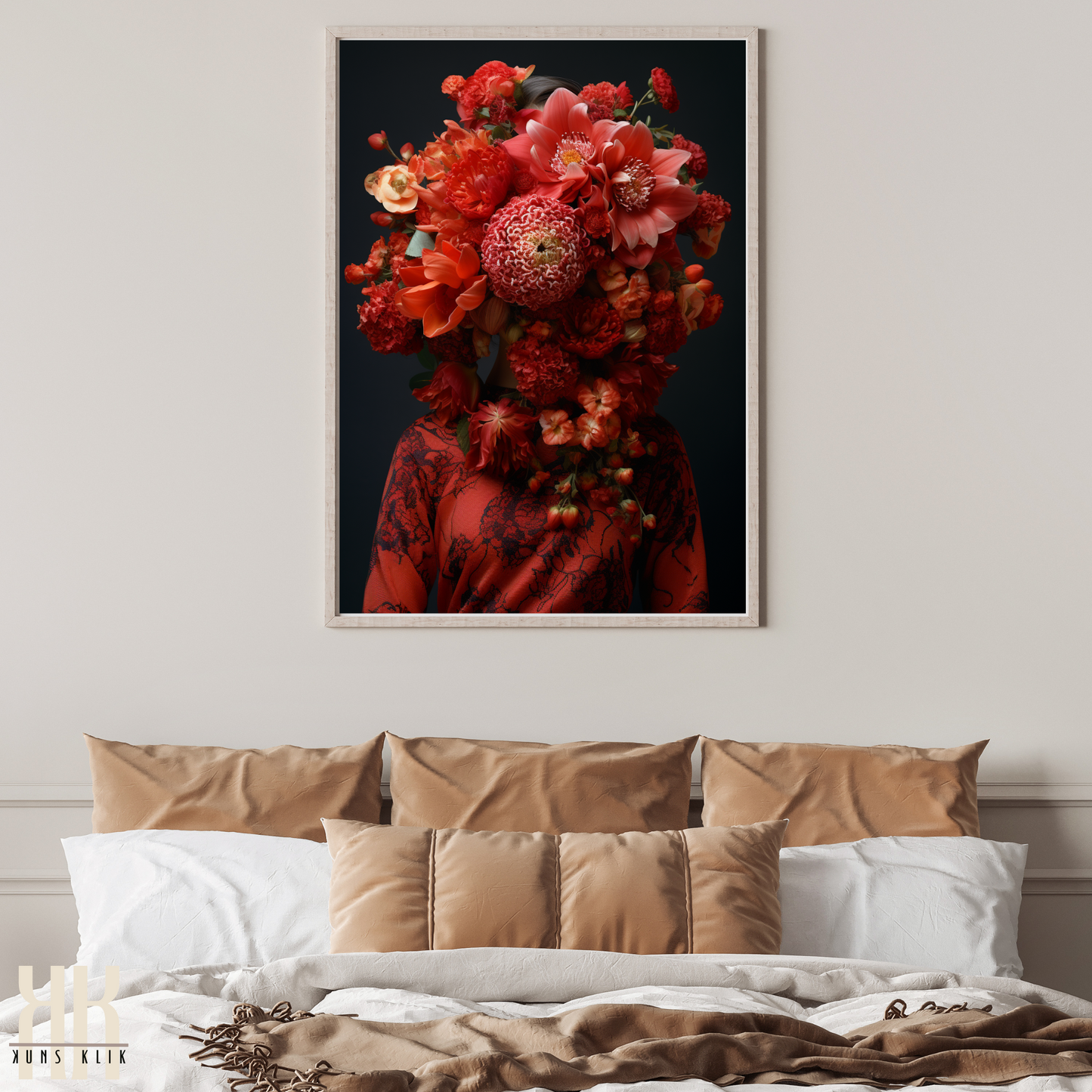 Woman Flower Bouquet Head Feminine Wall Art - Red 11