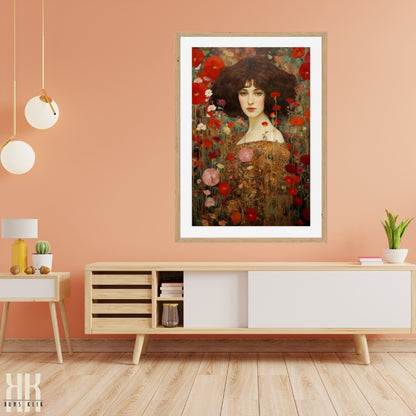 Botanical Art Print of Woman in Blooming Flower Garden