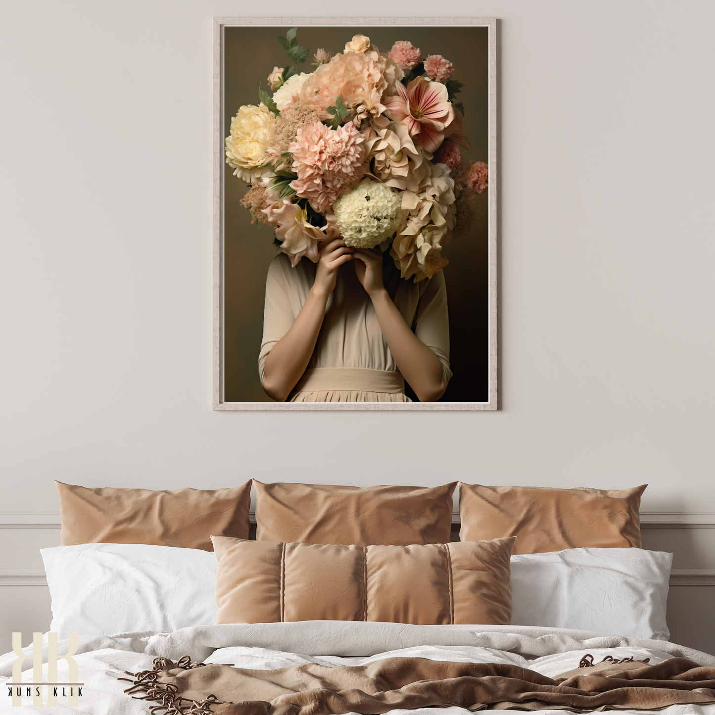 Woman Flower Bouquet Head Feminine Wall Art - Beige 6