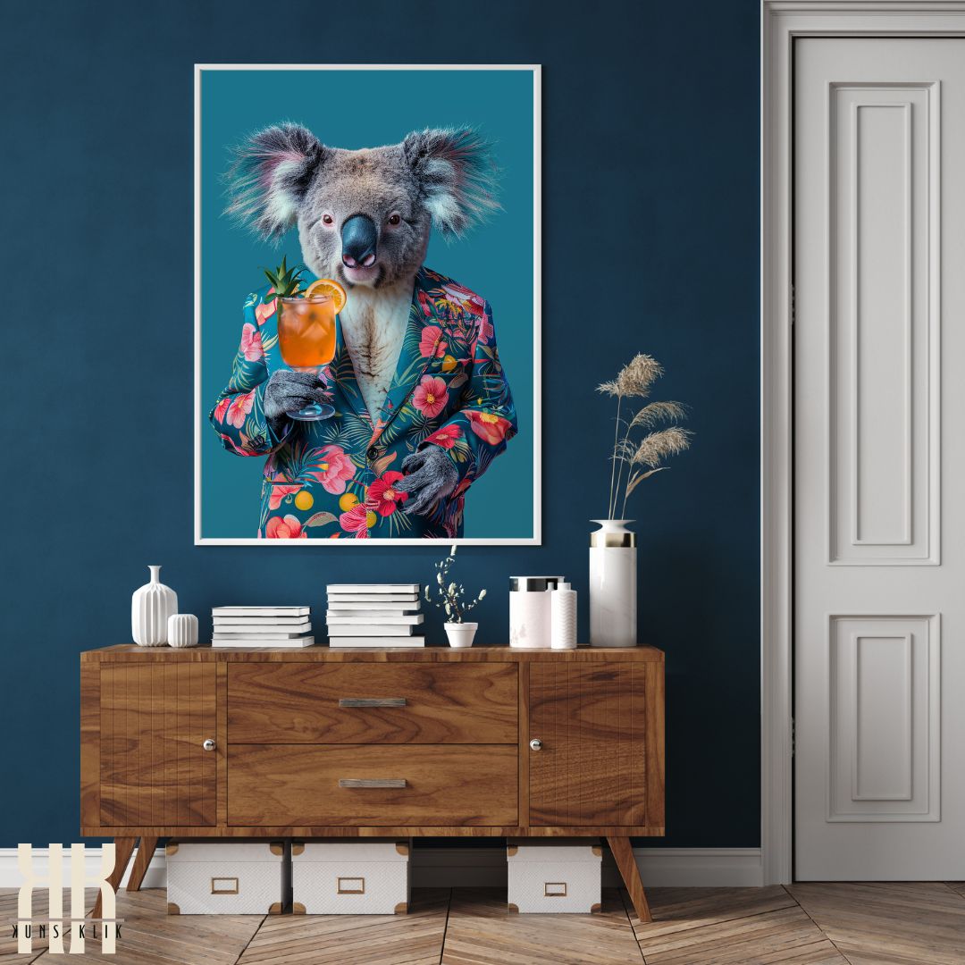 Elegant Koala with Cocktail in Tropical Suit