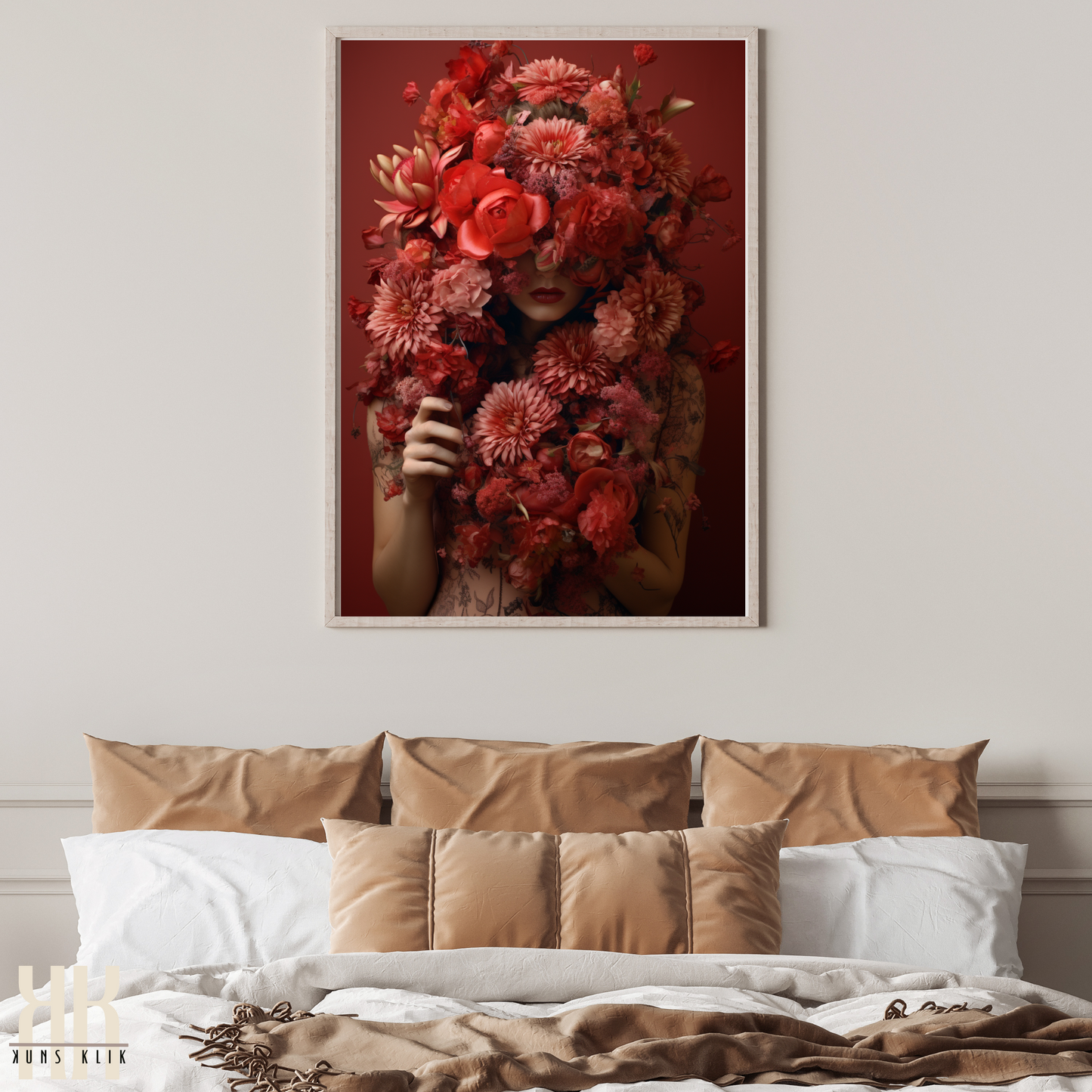 Woman Flower Bouquet Head Feminine Wall Art - Red 12