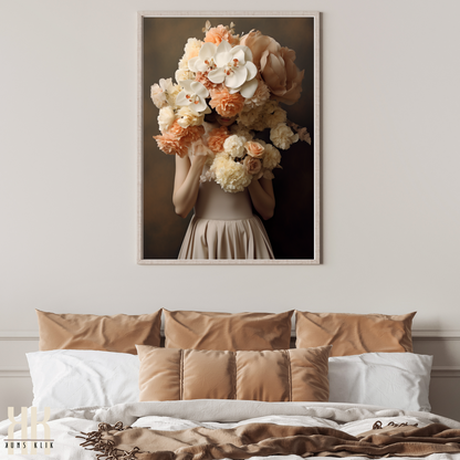 Woman Flower Bouquet Head Feminine Wall Art - Beige 10