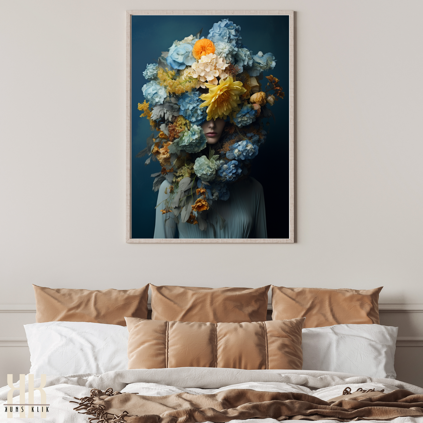 Woman Flower Bouquet Head Feminine Wall Art - Blue 10