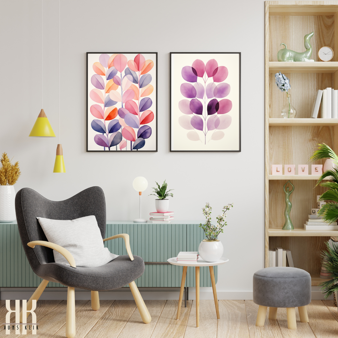 Abstract Botanical Watercolour Art Pink and Purple Leaves Print