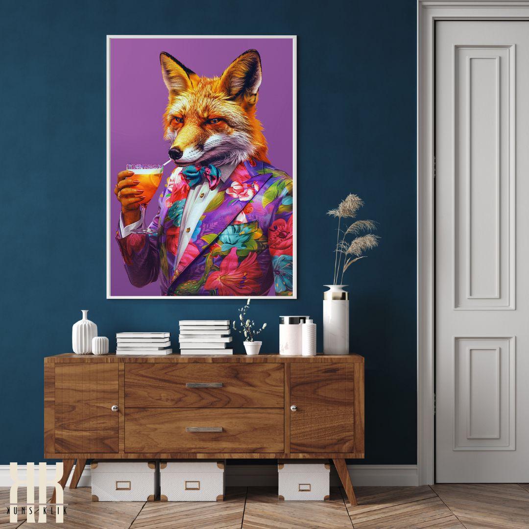 Fox in Tropical Suit Holding Drink