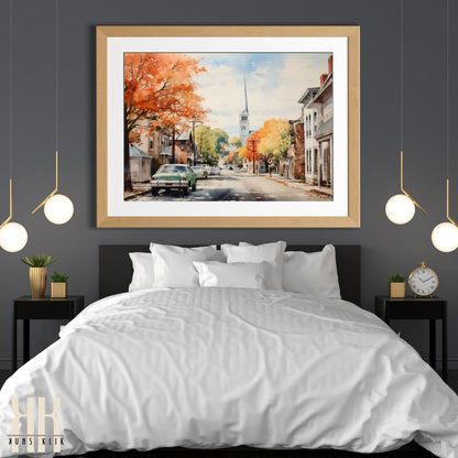 Historic Town Autumn Watercolour Landscape