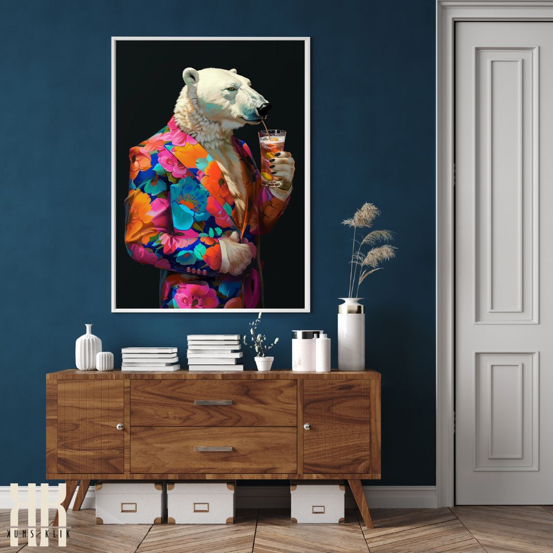 Playful Polar Bear in Colourful Suit